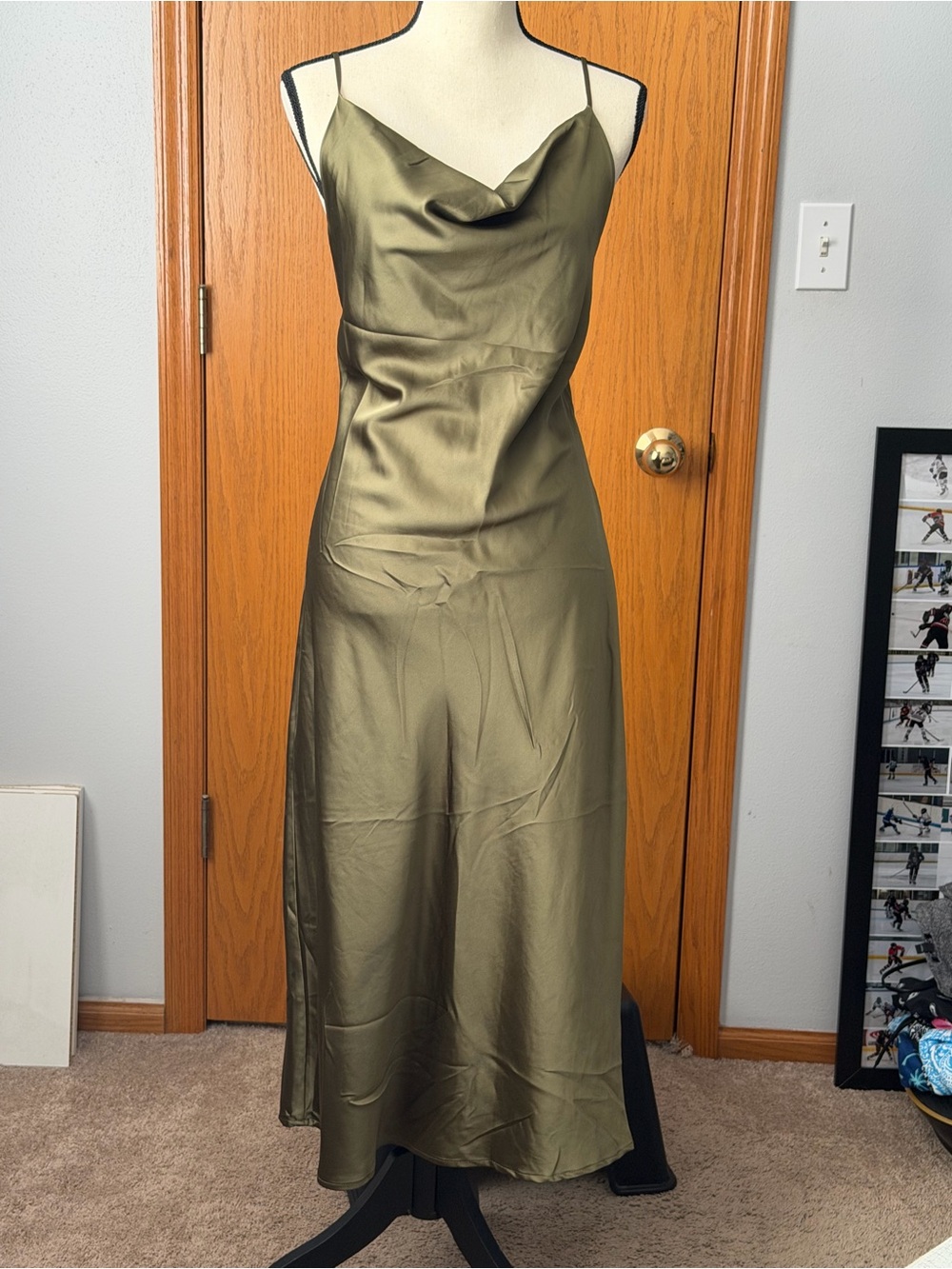 Olive Satin Slip Dress with Cowl Neck